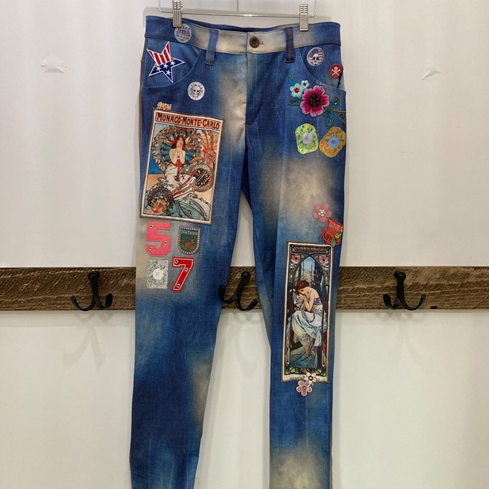 Petit Pois by Viviana G Stretch Denim Look Pant Size S,XL Patches Festival - Picture 2 of 15